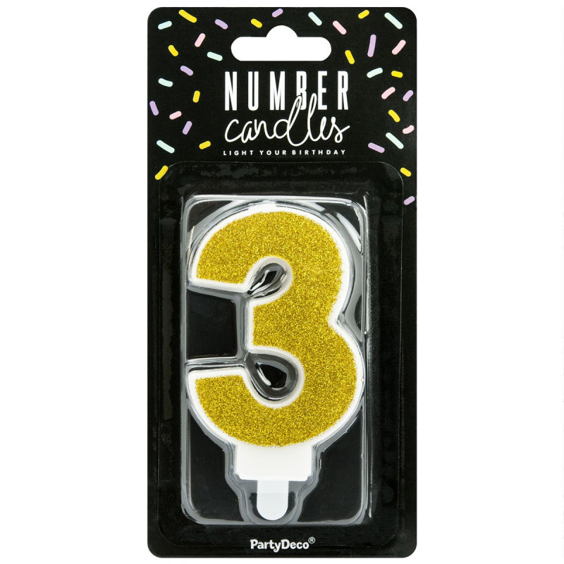 BIRTHDAY CANDLE NUMBER 3, GOLD, 7 CM
